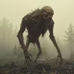 a dead looking humanoid standing on top of a field