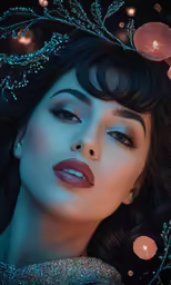 a woman with a tiara and glittery makeup