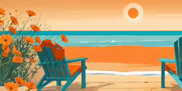 two chairs on the beach facing the ocean,two chairs and an orange chair on a beach