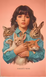 the portrait of a girl with four baby foxes