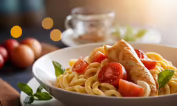 a pasta dish with tomato, chicken, and basil