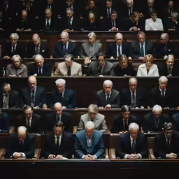 a crowd of men sitting next to each other in front of the camera