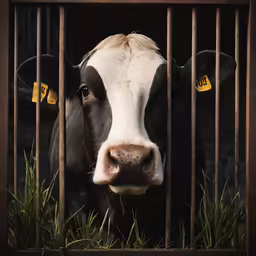 a cow is locked up and inside a cage