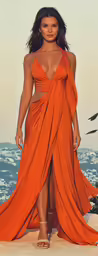 a woman with an orange dress stands on a cliff
