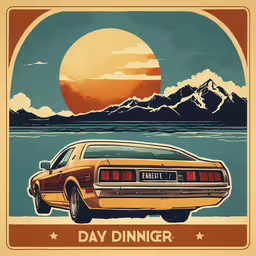 a vintage car on the ground near a lake and mountains,a car in front of a mountain sunset