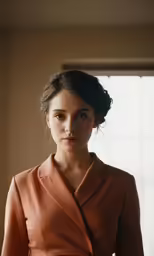 a woman with short dark hair in a dress