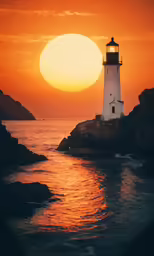 a lighthouse with a red sky in the background