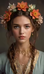 a young lady is wearing flower crown