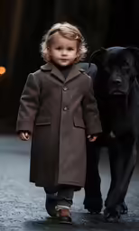 a small girl is walking beside a large black dog
