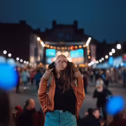 a woman covering her eyes stands on a crowded sidewalk