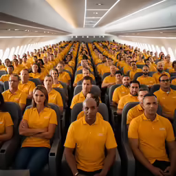a large number of people wearing yellow uniforms