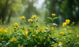 a field full of yellow flowers sitting on top of green grass
