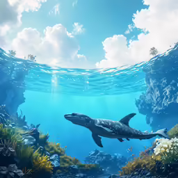 underwater photograph of a gray whale near a reef