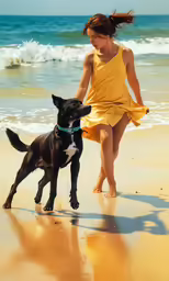the little girl in yellow is walking her dog on the beach
