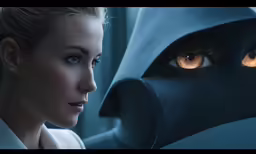 a woman with glowing eyes looking at a blue man