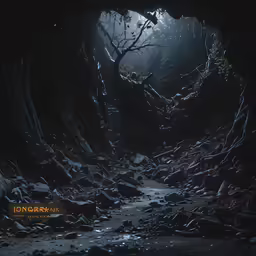 a dark cave with a stream of water running down it