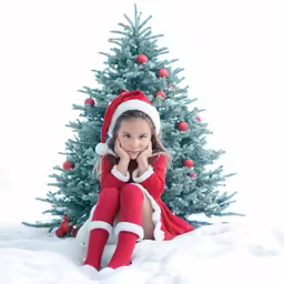 a young girl wearing santa clause and holding her hands on her knees, sits by a small tree