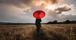 a woman standing in a field with her umbrella open