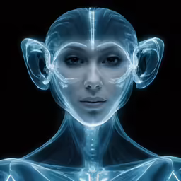 the female alien face is glowing with blue light