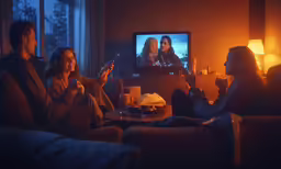 people in a living room and in the tv watching a show