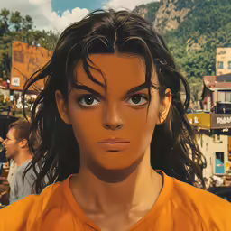 a woman in an orange shirt posing for a photo