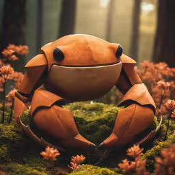 an orange cartoon character in a garden of plants and flowers