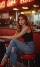 a beautiful woman sitting on top of a stool