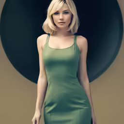 a blonde haired woman in a green dress