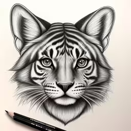 a drawing of a tiger with some eyes,a drawing of a tiger face with blue eyes