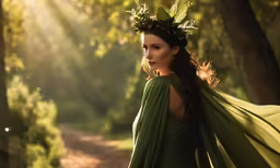 woman in forest dress wearing greener cape