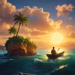 a painting of a man in a canoe with a palm tree,the boy is canoeing in front of the island on the water
