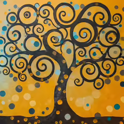 a painting of a tree with blue circles around it