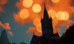 a church spire and clock tower are silhouetted against an orange and blue sky