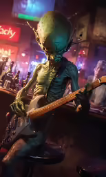an alien sits on a stool playing guitar