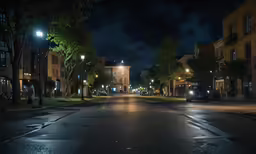 a very long empty street is shown at night