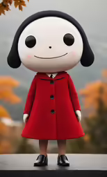 a red doll wearing black shoes and a red coat