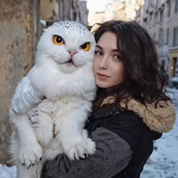 a woman holding an owl on her arm