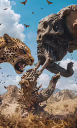 two leopards playing fighting with each other in a field