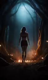 a woman wearing a bikini top walking through a forest