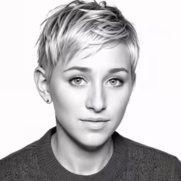 a black and white photo of a person with blond hair