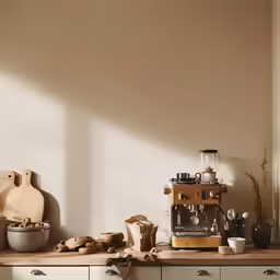 a coffee maker and several other items sit on a counter