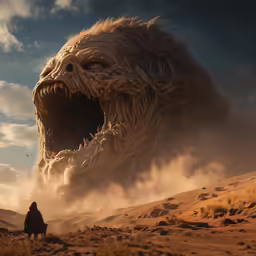 a giant monster with sharp teeth and sharp teeth stands in the desert