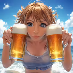 a woman standing on a beach holding two glasses of beer