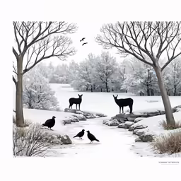 a painting of birds sitting on the rocks in the snow