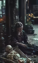 woman in costume sitting next to skeleton head