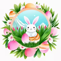 a bunny sitting in some green leaves and eggs