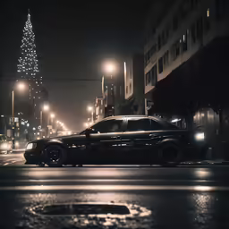 a black taxi cab drives on the street at night