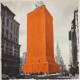 a tall red skyscraper stands surrounded by buildings