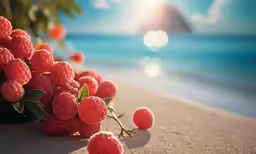 some raspberries on a beach by the water