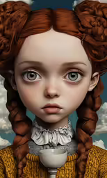 an artistic woman with curly red hair is looking up at the sky